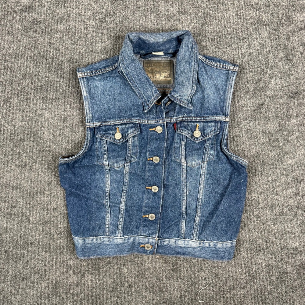 Levi's Denim Vest Womens Size M Blue Trucker Button Front Cropped Cotton Casual
